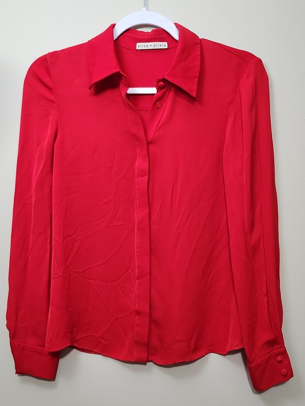 Alice + Olivia Red Willa Silk Hidden Button Down Blouse Luxury Designer Workwear